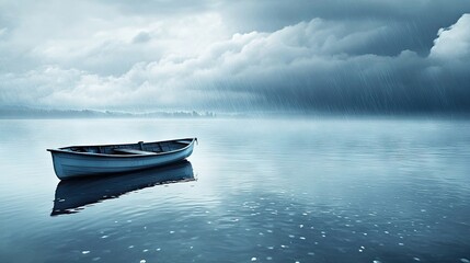 Fototapeta premium Boat anchored at sea amidst rain and clouds sets a tranquil scene. The boat appears calm while raindrops create ripples, adding a serene touch to the cloudy atmosphere.