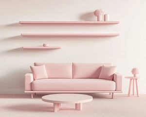 Elegant interior with a pastel pink sofa, pink floating shelves, and a modern coffee table.