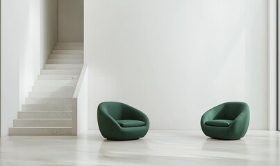 Modern interior design background with a white wall and green armchairs, a golden vase, lamp, and a flower on the table. Minimalist home decoration mock-up