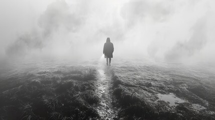 Fototapeta premium Solitary Figure Walking Through a Foggy Field