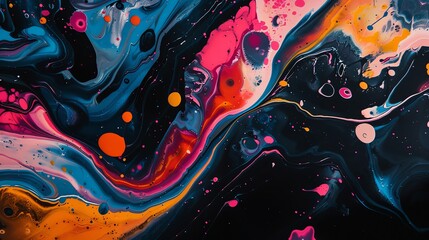 Swirls of vibrant colors like red, blue, and orange with a dark, almost black background.