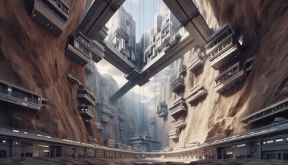 A futuristic city defying gravity, suspended within a canyon