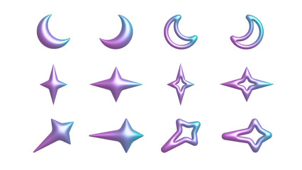 Moon and Stars 3D effect holographic Y2K vector elements