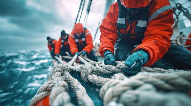 Sailors work with thick rope. This image shows a crew working on a ship, suggesting teamwork, hard work, and the dangers of the sea.