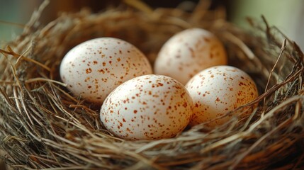 Obraz premium Nest with four speckled bird eggs, nature close-up, natural habitat, rustic nest, spring, wildlife, delicate details, bird reproduction, home and nature