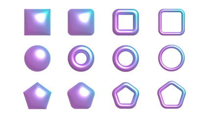 Basic geometric forms 3D vector holographic metallic effect collection vol1 circle square pentagon y2k