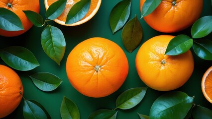 Fresh orange fruits with green leaves arranged on a vibrant green background. Perfect for showcasing citrus, nutrition, or healthy eating themes