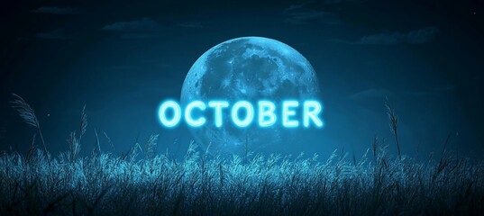 October Night Magic Ethereal Full Moon Illuminates Tranquil Meadow with Glowing Text Overlay