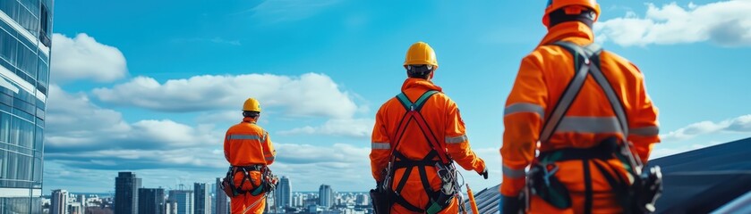 Workers in safety gear on a rooftop under construction, showcasing teamwork and safety in urban development.