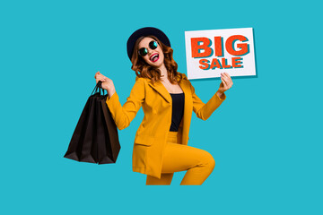 Composite artwork sketch image collage of black friday sale promotion discount placard sell young lady style suit eyewear hat arm hold bag