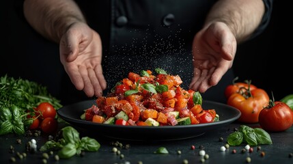 Fresh and Vibrant: Chef Creating Gourmet Salad with Colorful Vegetables in Bright Kitchen