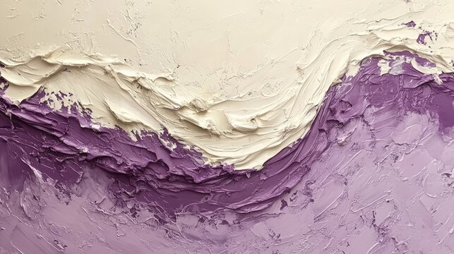 Soft waves of purple paint and cream colors merge harmoniously on a textured surface, creating a captivating visual experience with ample space for creativity.