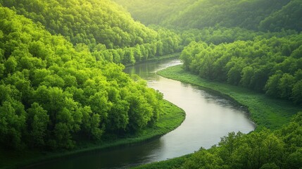 Spring landscape filled with fresh green trees that embellish gently sloping hills, complemented by the rhythmic ebb and flow of a meandering river, ideal for serene imagery with copy space.