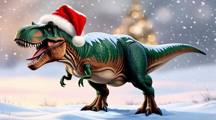Obraz premium A festive dinosaur wearing a Santa hat stands in a snowy landscape, surrounded by a cheerful holiday atmosphere.