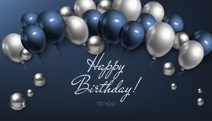A 3D corporate birthday banner with balloons and silver balls in blue tones. For advertisements, greeting cards, or web banners, featuring a modern, festive design. Not AI.