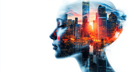 Intricate Double Exposure of Face and City Lights