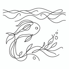 Fototapeta premium An elegant goldfish swims gracefully among swirling waves and delicate aquatic plants in a tranquil underwater world