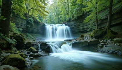 A serene waterfall cascades down layered rock formations in a lush green forest, creating a misty atmosphere with smooth flowing water and moss-covered stones