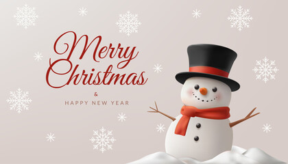 A cheerful 3D Christmas banner featuring a cute snowman character with a hat, surrounded by festive elements like snowflakes and a tree. Perfect for winter greetings, social media, or posters. Not AI