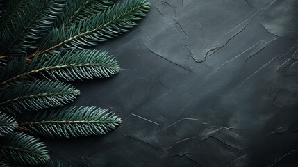 Textured dark background with evergreen branches arranged artistically for seasonal decoration