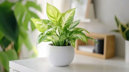 Fototapeta premium Bright white desk with a green house plant beautifully arranged, offering a fresh and vibrant touch, perfect for adding a touch of nature to any workspace. Ample copy space available.