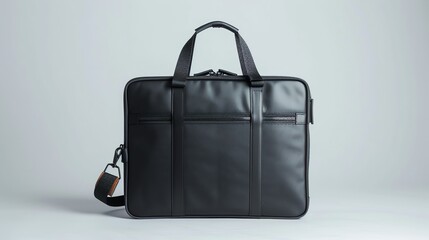 A black leather briefcase on a white background.
