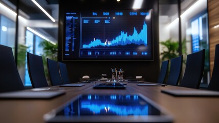 Business team collaborates in a futuristic meeting room, analyzing data for strategic decision-making.