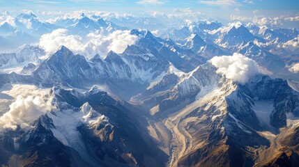 Aerial view captures a dramatic close-up of towering high mountains, highlighting their rugged beauty and vast landscapes, ideal for showcasing breathtaking scenery. Photo style with ample copy space.