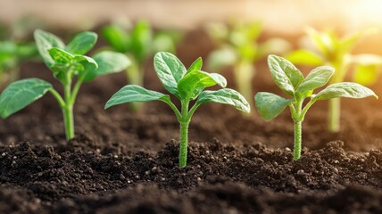 A vibrant scene of young green plants sprouting from rich soil, symbolizing growth and new beginnings in nature.