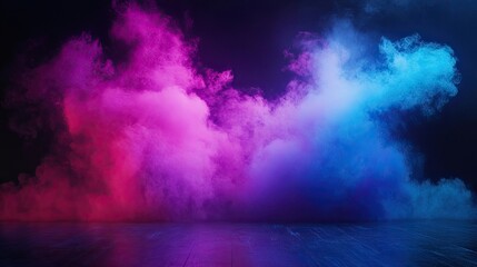 Fototapeta premium Vibrant explosion of color and lighting effects illuminate a dark stage, creating an immersive atmosphere. The explosion of color enhances the dynamic feel while allowing for ample copy space.