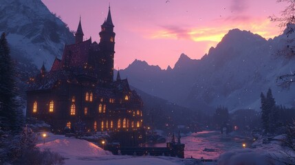 Fototapeta premium A picturesque castle nestled in snowy mountains at sunset, creating a magical winter landscape.