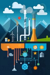 A graphic of a factory with a mountain in the background