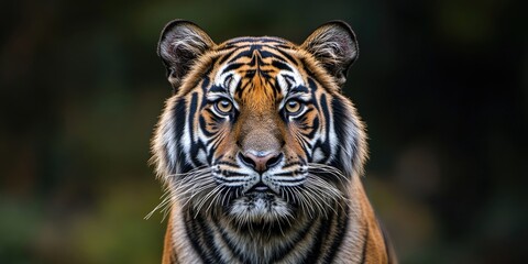 Fototapeta premium A detailed, magnified view of a tigers head set against a dark backdrop, emphasizing the tigers features and fierce expression while highlighting the dramatic background contrast.