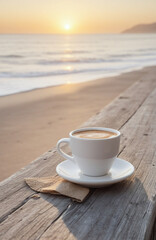 Beach cafe coffee cup mockup for seaside coffee shop branding.