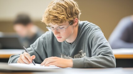 Focused teenage male student with blonde hair writing in classroom during exam with blurred students in background, copy space