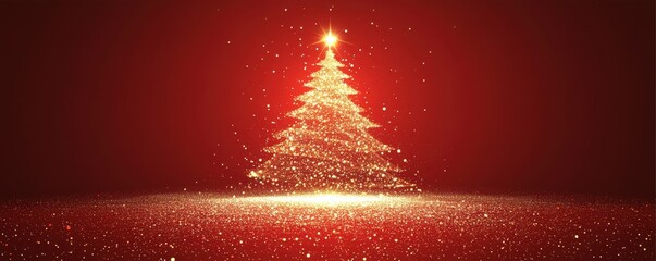 Magical glowing Christmas tree formed by sparkling light rays against a warm red background...