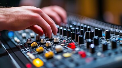 Hand adjusting knobs on a mixing board. This photo is great for articles about music production, sound engineering, and audio technology.