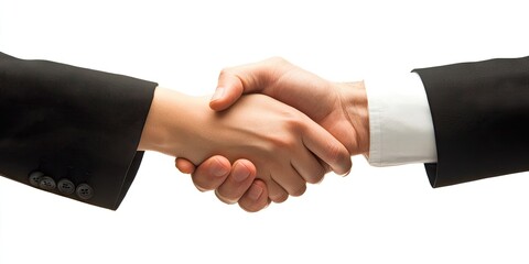 Business professionals are engaging in a handshake to signify their agreement on contract approval against a clean white background.
