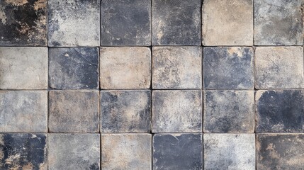 Fototapeta premium Vintage rustic stone tiles create a textured background, presenting an empty gray panorama that evokes a worn medieval style. Ideal for design projects requiring a shabby look.