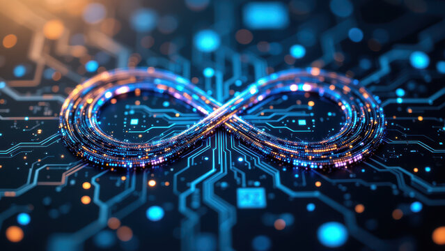 An abstract digital representation of a continuous integration/continuous delivery (CI/CD) workflow.