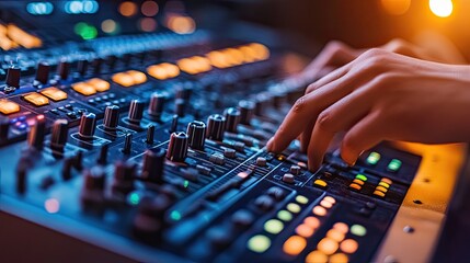 Hand adjusting audio mixer knobs. The photo depicts a sound engineer working on a mixing board, adjusting levels and manipulating audio signals for a live performance or recording session.