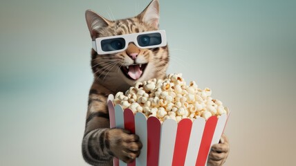 Anthropomorphic Cat Holding Popcorn Box, Wearing Sunglasses at Cinema