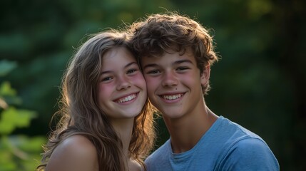 Obraz premium Two young people smiling warmly at camera in casual attire against blurred green foliage background at sunset