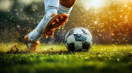 Soccer player kicks the ball. This photo can be used for advertising sports equipment or for articles related to soccer.