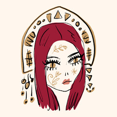 Redhead podium fashion glamour slavic girl, national kokoshnik corbel arch costume, beauty makeup and leopard print dress glam fast sketch portrait abstraction, vector illustration clipart abstract © Knstart Studio