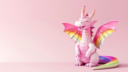 A cartoon pink dragon with rainbow wings and tail sitting on a pink background.