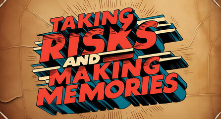 Bold, adventurous poster with “Taking Risks and Making Memories” in dynamic typography, with subtle, layered lines suggesting movement, set on a textured background to evoke a sense of journey.