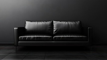 Modern black leather sofa against gray walls and dark flooring, creating a stylish contrast. Ideal for interior design inspiration, with ample copy space for creative use.