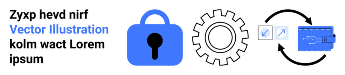 Blue padlock, gear, arrows, and digital wallet icons accompanied by placeholder text. Ideal for security, technology, finance, and app settings, digital transactions, data protection, tech support