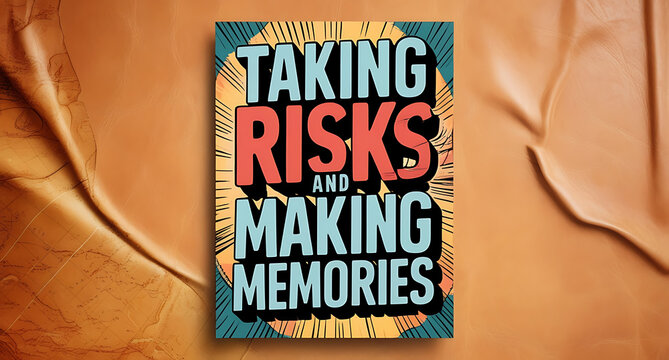 Bold, adventurous poster with “Taking Risks and Making Memories” in dynamic typography, with subtle, layered lines suggesting movement, set on a textured background to evoke a sense of journey.